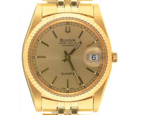 A BULOVA GOLD PLATED SUPER SEVILLE QUARTZ GENTLEMAN'S WRISTWATCH, GOLD PLATED BRACELET, BULOVA P6,  8694101 8-140858, 3.3 CM 