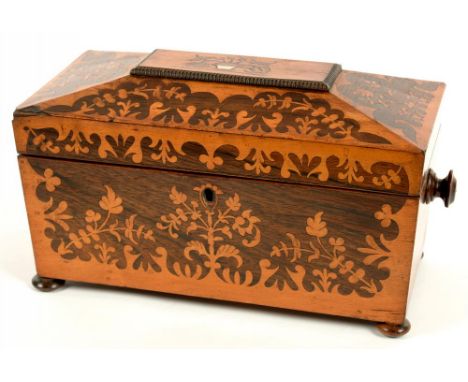 A VICTORIAN INLAID ROSEWOOD TEA CADDY OF SARCOPHAGUS SHAPE WITH FITTED INTERIOR, 30CM L