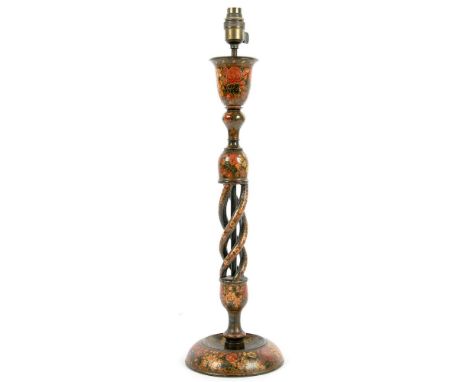 A KASHMIR PAINTED AND VARNISHED WOOD CANDLESTICK, 51CM H EXCLUDING LATER ELECTRIC FITMENT, EARLY 20TH C