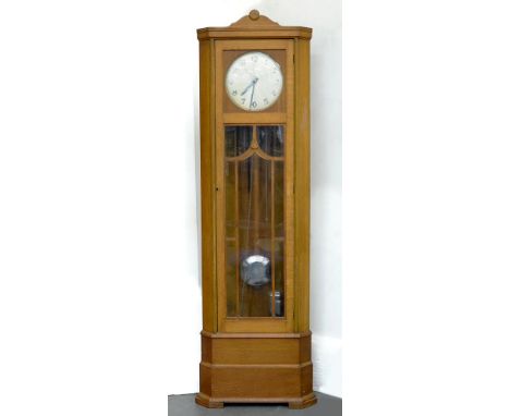 AN OAK CORNER LONGCASE CLOCK, WITH SILVERED DIAL AND CHIMING MOVEMENT, 200CM H X 58CM W