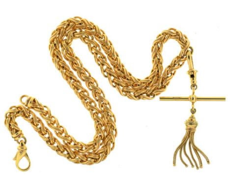 A GOLD CHAIN WITH TASSELED PENDANT, IN 9CT GOLD, 34G++LIGHT WEAR CONSISTENT WITH AGE