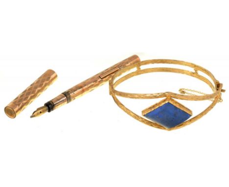 A LAPIS LAZULI BANGLE IN SILVER GILT, CIRCA 1970S AND A GOLD PLATED FOUNTAIN PEN++LIGHT WEAR CONSISTENT WITH AGE 