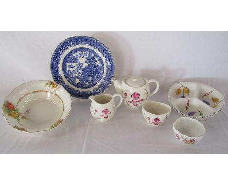 Carlton Ware hand painted tea set comprising of teapot, sugar bowl and milk jug, also Royal Crown Derby 'Denby Posies' bowl, 