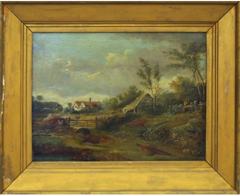 British Provincial School, mid 19th century- Pheasants by a gate with cottages beyond; oil on panel, in a gilded moulding fra
