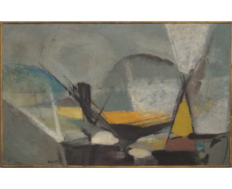 Leonard Wyatt FFPS, British 1922-2008- "Eozoic"; oil on board, signed, 61.5x99cm (may be subject to Droit de Suite)
Exhibited