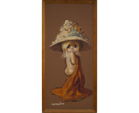 Barry Leighton-Jones, British b.1932- Portrait of a girl holding a blanket and wearing a hat decorated with flowers; oil on b