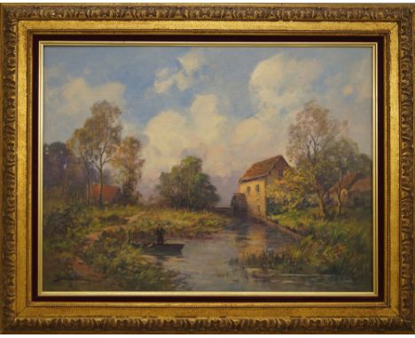 Eugene Demester, French b.1914- Figures by a mill in a river landscape with woodland; oil on canvas, signed 49.5x65cm (may be