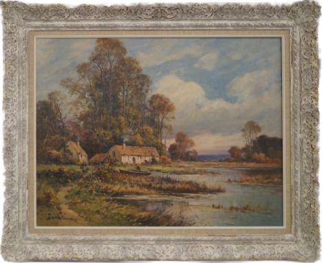 Eugene Demester, French b.1914- Figures by a cottage in a river landscape with woodland; oil on canvas, signed 50x65cm (may b