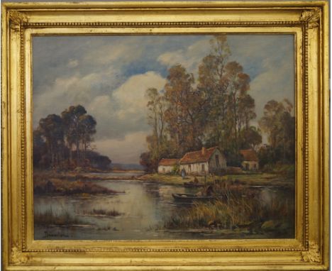 Eugene Demester, French b.1914- Figures by a cottage in a river landscape with woodland; oil on canvas, signed 49.5x65cm (may