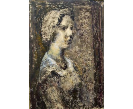 Eve Disher, British 1894-1991- Portrait of a woman half-length turned to the right ; gouache and mixed technique on paper, 66