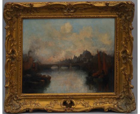 Bertram Walter Priestman NEA RA RBA ROI, British 1868-1951- River scene with a church dome, possibly a view of the Thames; oi