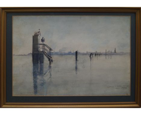 Ernest Constant Simon, French 1848-1895- "Canal de Venise a Maistre"; watercolour, signed, inscribed and dated Oct 1890, 42.5