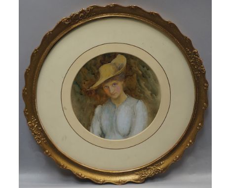 Charles Edward Wilson, British 1854-1941 exh 1889-1929- Portrait of a lady in a straw hat; watercolour, tondo, bears framer's