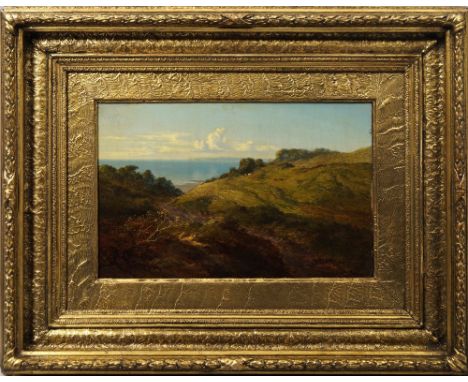 Arthur Gilbert, British 1819-1895- Cattle grazing on a hillside overlooking the sea; oil on canvas laid down on board, signed