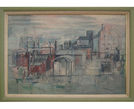 Joyce Pallot, British 1932-1994- Industrial buildings; oil on canvas board, signed and dated 56, 52x77cm (may be subject to D