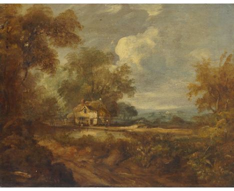 Follower of John Constable RA, British 1776-1837- Figures by a pond with a cottage in a wooded landscape; oil on canvas, 35.2