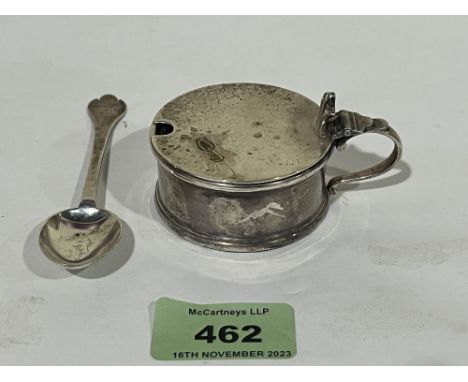 A George VI silver mustard pot, London 1947 and a silver spoon. 2ozs 15dwts.