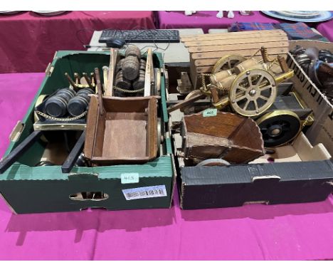 A collection of ceramic shire horses with two boxes of carts.