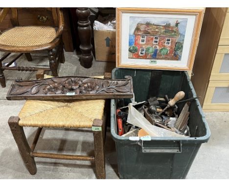 A rush seated stool a carved oak panel, an oil by Richard Conway and a box of tools.