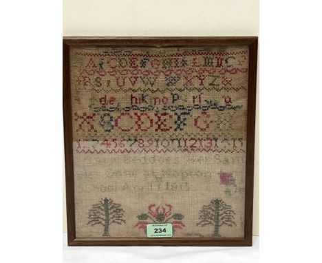 A George III needlework sampler worked by Mary Beddoes done at Hopton School April 1815; with alphanumeric sequences and tree