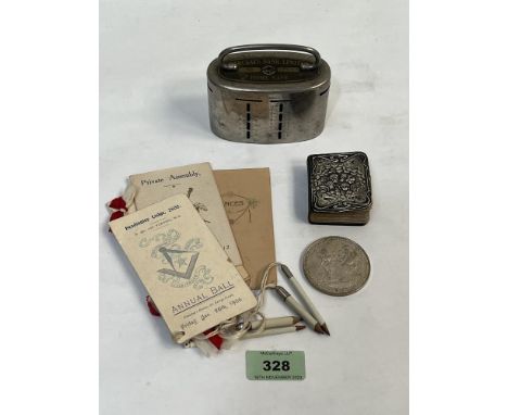 A prayer book, the silver front with Reynolds angels; a Hindu temple token; a Barclays money bank and four dance engagement c