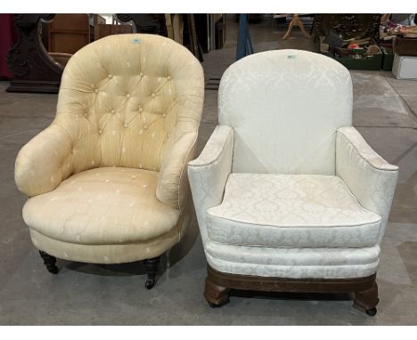 A Victorian button-backed armchair and 1930s upholstered armchair.