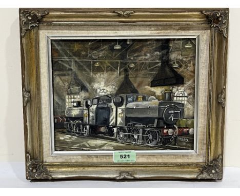 DERRICK WAIN. BRITISH 20TH CENTURY. An engine shed with tank engines. Signed. Oil on board 8" x 10".