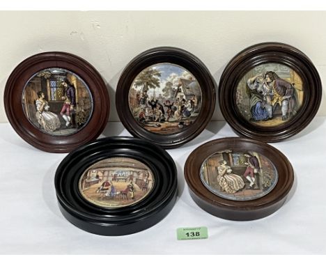 Five 19th century framed Staffordshire Prattware pot lids.