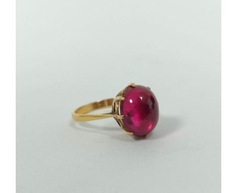 Ring with cabochon synthetic ruby doublet, probably 18ct gold, size 'N½. No hallmark, dating to c1930/40s