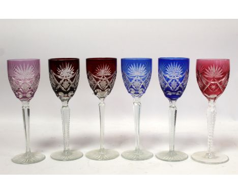 Near matching set of six Bohemian wine glasses with cut flashed bowls on tapered faceted stems in ruby, blue and pink, each 2