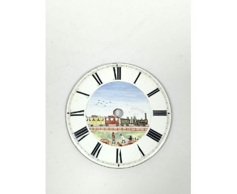 Enamel watch dial, the centre nicely painted with a view of a locomotive and train with workmen in the foreground, c1830s, 47