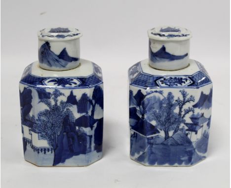 Pair of 18th century Chinese blue and white tea caddies of chamfered square form, the continuous landscape panels depicting l