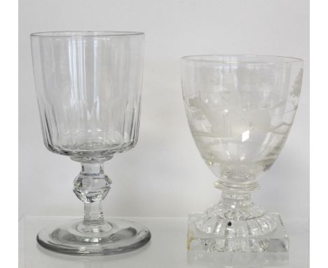 19th century glass rummer with engraved decoration of a huntsman, hounds and fox to bowl, on short knopped stem and lemon squ