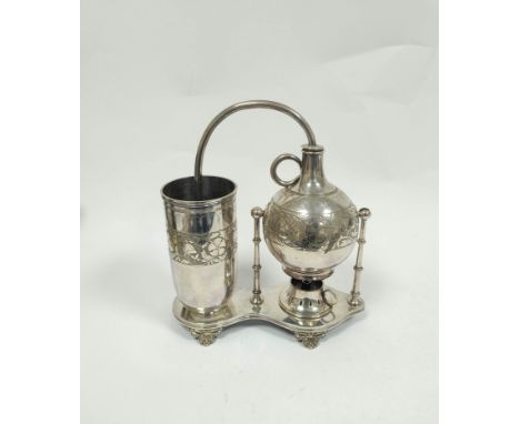 Napierian coffee maker with engraved bands, comprising swivelling flask with burner, siphon and precolator, on a waisted base