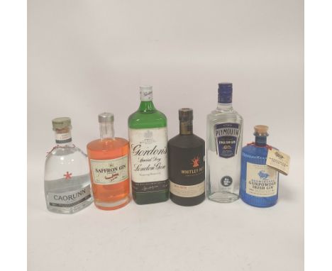 Six bottles of gin to include Caorunn Scottish Gin, 70cl, 40% vol, Saffron Gin from Dijon, 70cl, 40% vol, Whitley Neill Handc