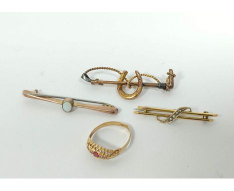 Diamond and ruby ring in 18ct gold, 1914 (1.8g), size 'Q' and three brooches (5g).&nbsp; 