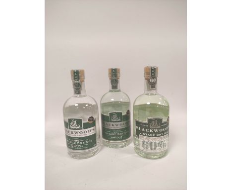Three bottles of Blackwood's Vintage Dry Gin of Shetland to include a limited edition 60% bottle, 70cl, and two bottles of 20
