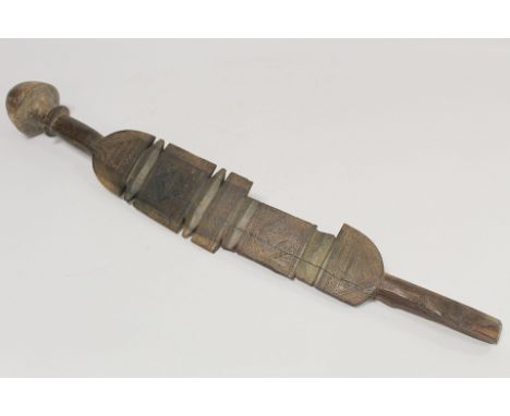 Antique tribal Papua New Guinea sword club or stick with large mushroom knobkerrie type finial, the shaft with shaped panels 