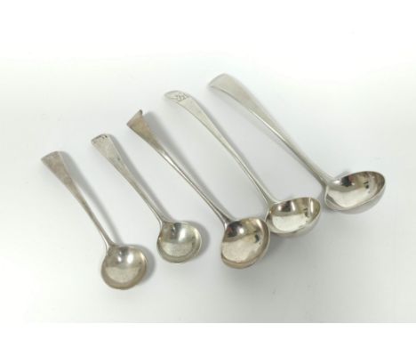 Sugar ladle, crested, by John Lautier c1770, another two 1793 and 1815 and a pair of salt spoons 1798, 62g / 2oz. (5).