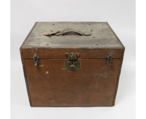 19th or early 20th century canvas travelling trunk by Liprosta of Dresden with applied triangular stork trademark badges, ste