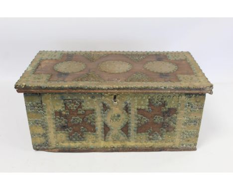 Late 19th or early 20th century Zanzibar style small trunk or writing box with typical brass mounts and studwork, the interio