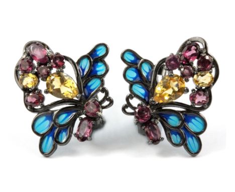 A pair of 925 silver and enamel earrings set with citrines and rodolite garnets.