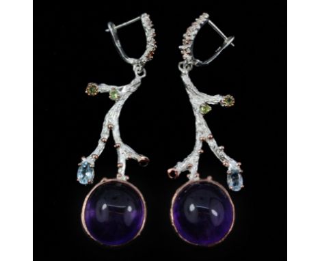 A pair of Hana Maae designer 925 silver gilt drop earrings set with a large cabochon cut amethyst, blue topaz and peridots, L
