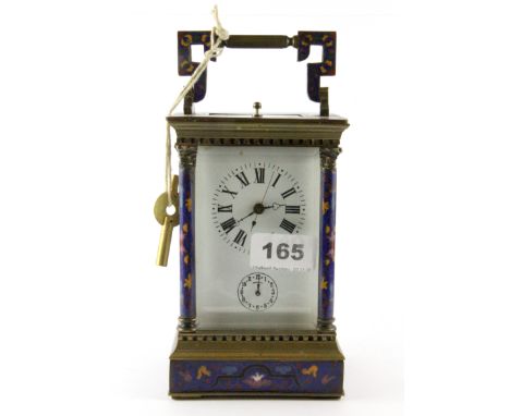 A cloisonne decorated brass carriage clock with repeating movement, H. 21cm.
