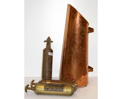 Three early brass fire extinguishers and a copper coal hopper.