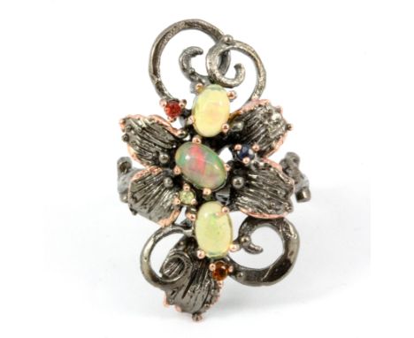 A Hana Maae designer 925 silver gilt opal and citrine set ring, (P).