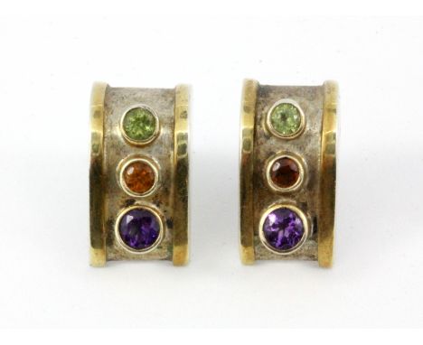 A pair of 925 silver gilt citrine, peridot and amethyst stud earrings, L. 2cm.