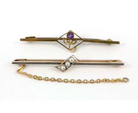 An Edwardian 15ct yellow and white gold (stamped 15ct) seed pearl bar brooch, together with an Edwardian 9ct yellow gold (sta