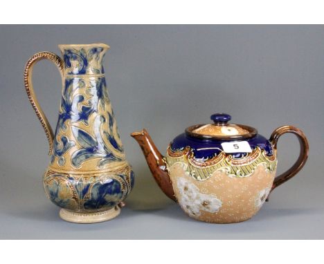 A Doulton stoneware teapot and jug (jug drilled to lower body for use as a lamp), teapot H. 15cm.