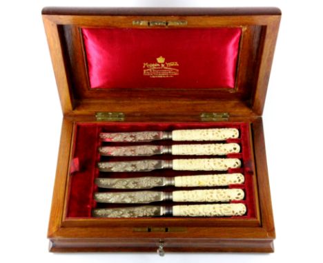 A beautiful cased Mappin &amp; Webb hallmarked silver and carved ivory fruit set.